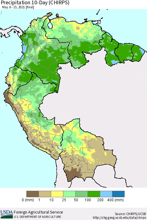 Northern South America Precipitation 10-Day (CHIRPS) Thematic Map For 5/6/2021 - 5/15/2021