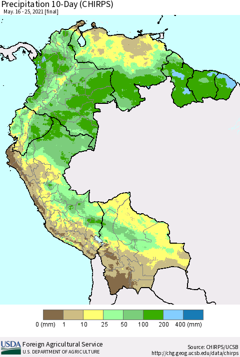 Northern South America Precipitation 10-Day (CHIRPS) Thematic Map For 5/16/2021 - 5/25/2021