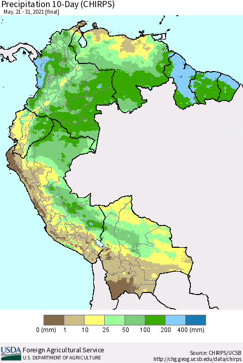 Northern South America Precipitation 10-Day (CHIRPS) Thematic Map For 5/21/2021 - 5/31/2021
