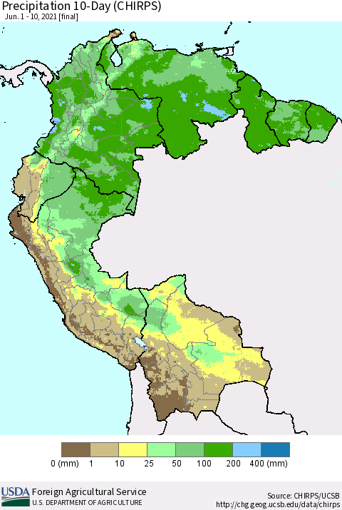 Northern South America Precipitation 10-Day (CHIRPS) Thematic Map For 6/1/2021 - 6/10/2021