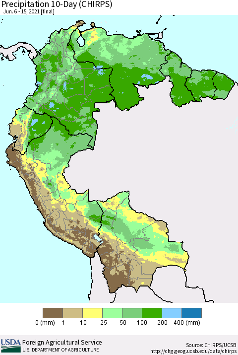 Northern South America Precipitation 10-Day (CHIRPS) Thematic Map For 6/6/2021 - 6/15/2021