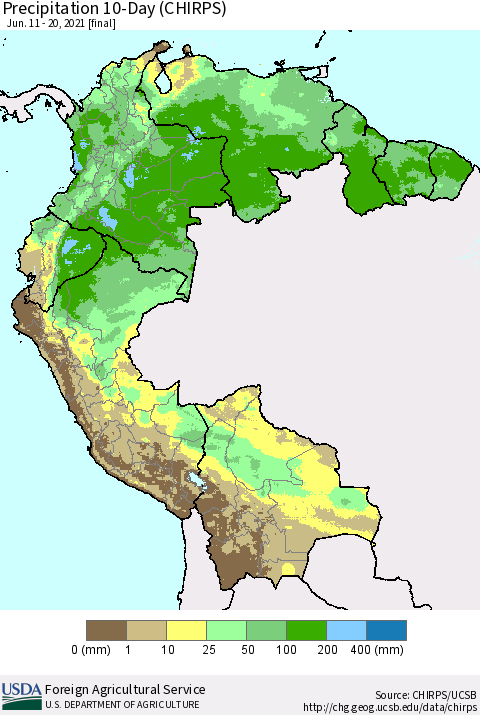 Northern South America Precipitation 10-Day (CHIRPS) Thematic Map For 6/11/2021 - 6/20/2021