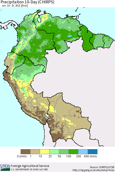 Northern South America Precipitation 10-Day (CHIRPS) Thematic Map For 6/16/2021 - 6/25/2021