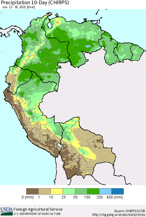 Northern South America Precipitation 10-Day (CHIRPS) Thematic Map For 6/21/2021 - 6/30/2021