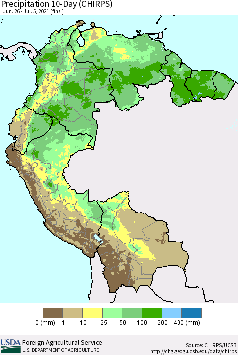 Northern South America Precipitation 10-Day (CHIRPS) Thematic Map For 6/26/2021 - 7/5/2021