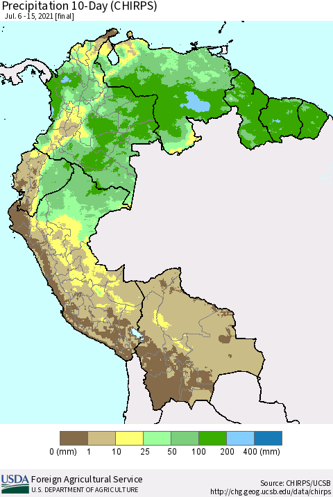 Northern South America Precipitation 10-Day (CHIRPS) Thematic Map For 7/6/2021 - 7/15/2021