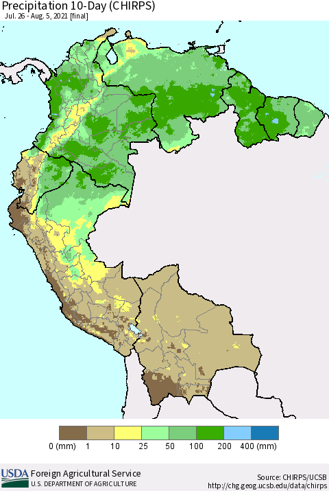 Northern South America Precipitation 10-Day (CHIRPS) Thematic Map For 7/26/2021 - 8/5/2021