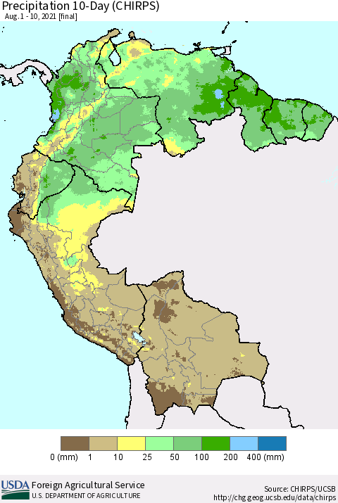 Northern South America Precipitation 10-Day (CHIRPS) Thematic Map For 8/1/2021 - 8/10/2021