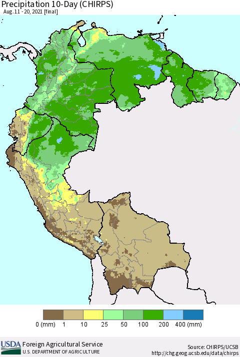 Northern South America Precipitation 10-Day (CHIRPS) Thematic Map For 8/11/2021 - 8/20/2021