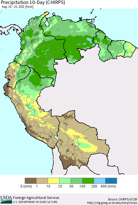 Northern South America Precipitation 10-Day (CHIRPS) Thematic Map For 8/16/2021 - 8/25/2021