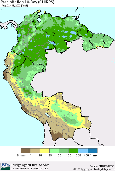 Northern South America Precipitation 10-Day (CHIRPS) Thematic Map For 8/21/2021 - 8/31/2021