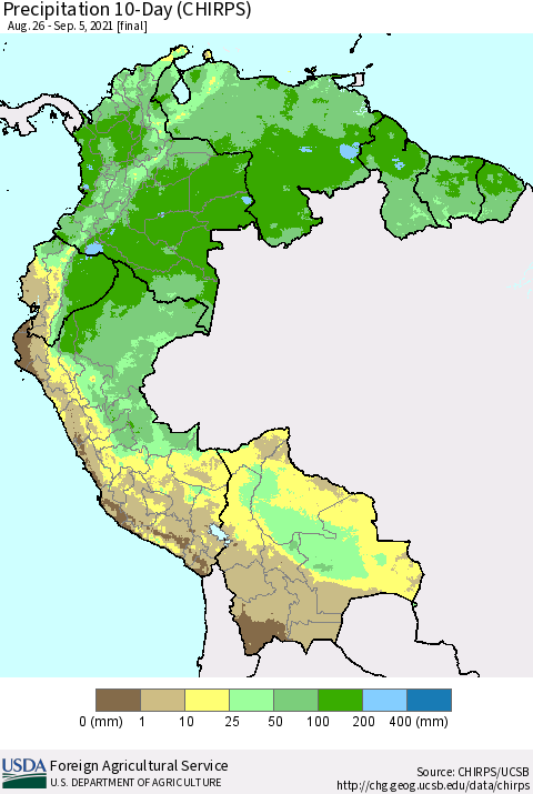 Northern South America Precipitation 10-Day (CHIRPS) Thematic Map For 8/26/2021 - 9/5/2021