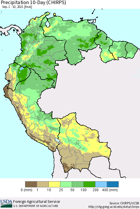 Northern South America Precipitation 10-Day (CHIRPS) Thematic Map For 9/1/2021 - 9/10/2021