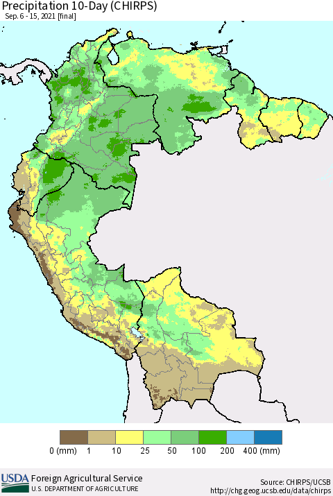Northern South America Precipitation 10-Day (CHIRPS) Thematic Map For 9/6/2021 - 9/15/2021