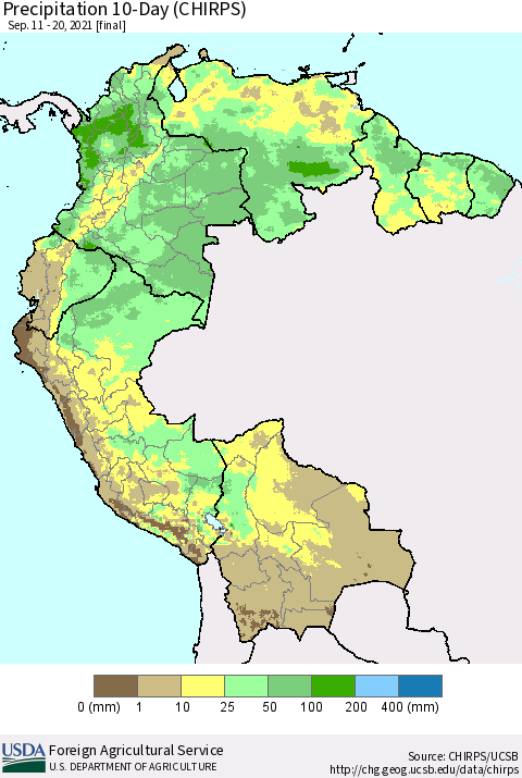 Northern South America Precipitation 10-Day (CHIRPS) Thematic Map For 9/11/2021 - 9/20/2021