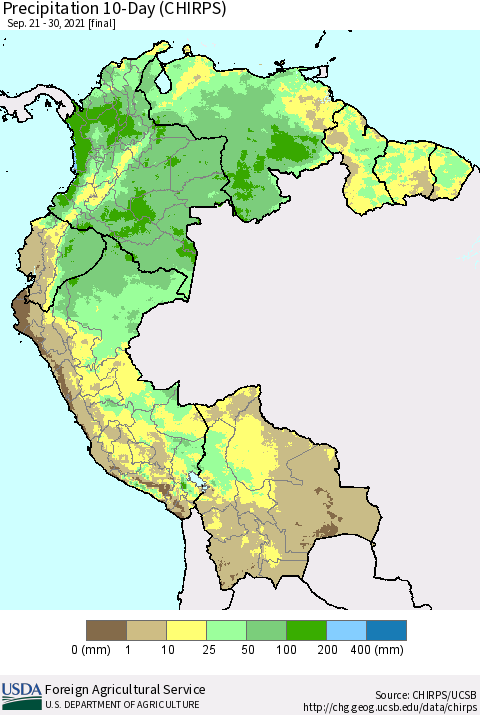 Northern South America Precipitation 10-Day (CHIRPS) Thematic Map For 9/21/2021 - 9/30/2021