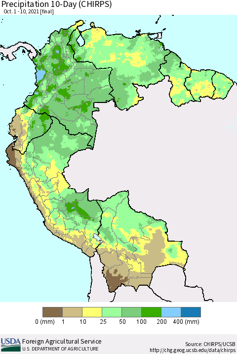 Northern South America Precipitation 10-Day (CHIRPS) Thematic Map For 10/1/2021 - 10/10/2021