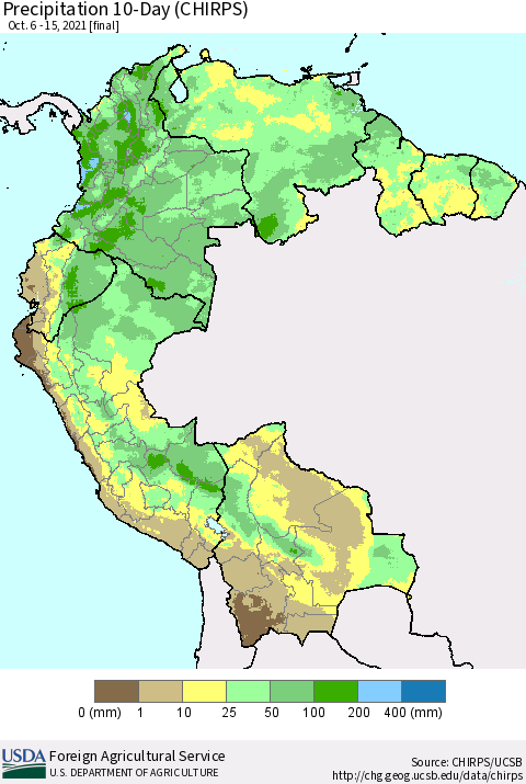 Northern South America Precipitation 10-Day (CHIRPS) Thematic Map For 10/6/2021 - 10/15/2021