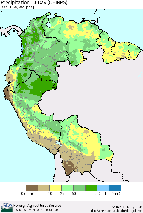 Northern South America Precipitation 10-Day (CHIRPS) Thematic Map For 10/11/2021 - 10/20/2021