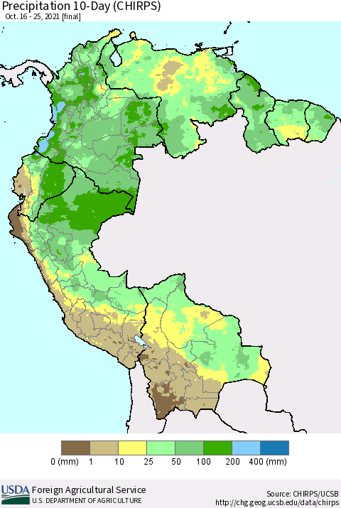 Northern South America Precipitation 10-Day (CHIRPS) Thematic Map For 10/16/2021 - 10/25/2021