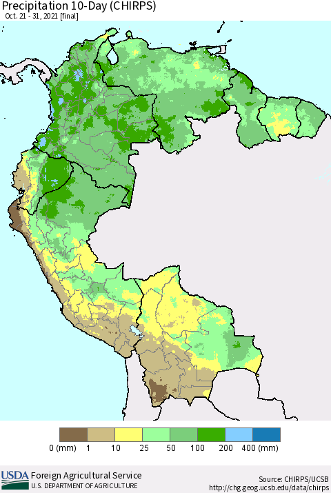 Northern South America Precipitation 10-Day (CHIRPS) Thematic Map For 10/21/2021 - 10/31/2021
