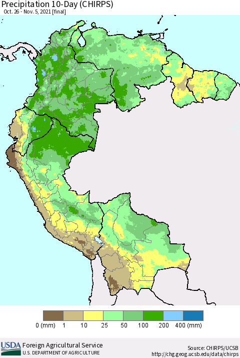 Northern South America Precipitation 10-Day (CHIRPS) Thematic Map For 10/26/2021 - 11/5/2021