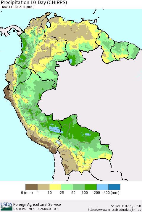 Northern South America Precipitation 10-Day (CHIRPS) Thematic Map For 11/11/2021 - 11/20/2021