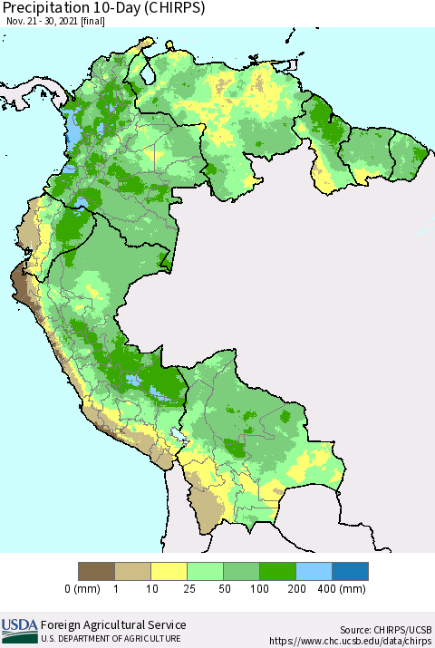 Northern South America Precipitation 10-Day (CHIRPS) Thematic Map For 11/21/2021 - 11/30/2021