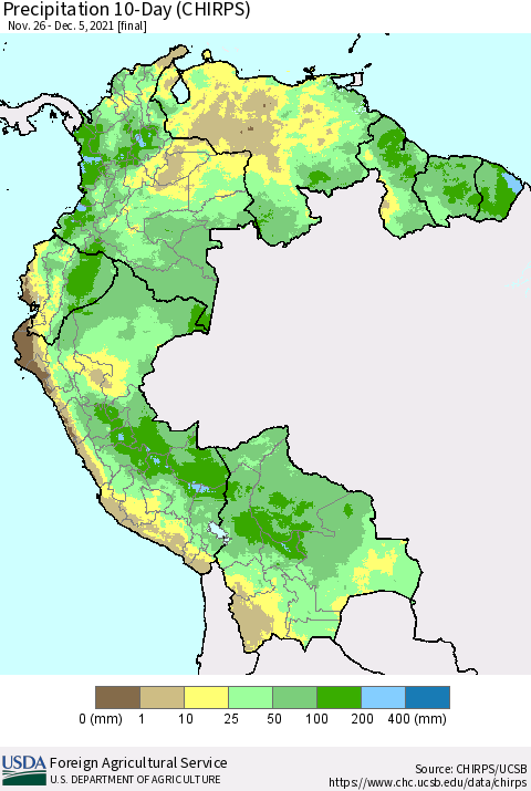 Northern South America Precipitation 10-Day (CHIRPS) Thematic Map For 11/26/2021 - 12/5/2021