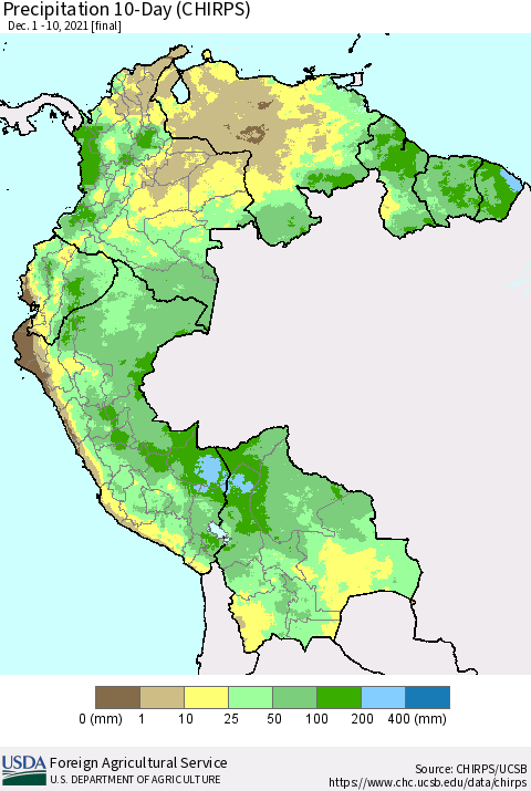 Northern South America Precipitation 10-Day (CHIRPS) Thematic Map For 12/1/2021 - 12/10/2021