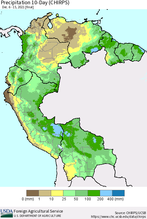 Northern South America Precipitation 10-Day (CHIRPS) Thematic Map For 12/6/2021 - 12/15/2021