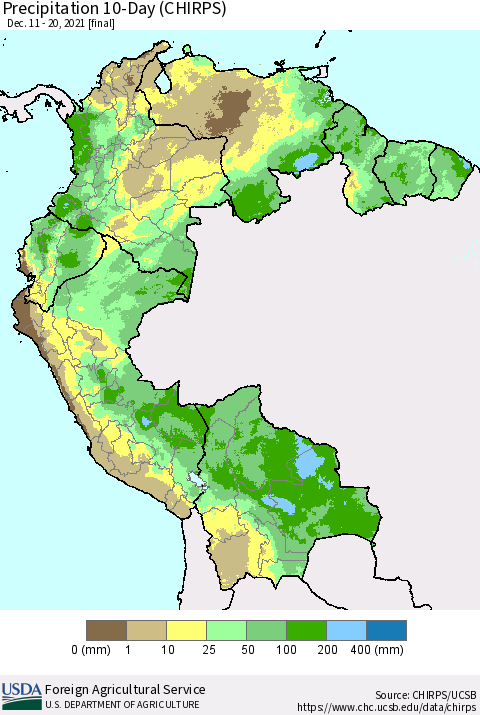Northern South America Precipitation 10-Day (CHIRPS) Thematic Map For 12/11/2021 - 12/20/2021