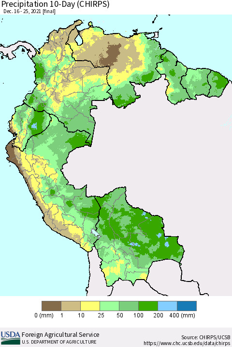 Northern South America Precipitation 10-Day (CHIRPS) Thematic Map For 12/16/2021 - 12/25/2021