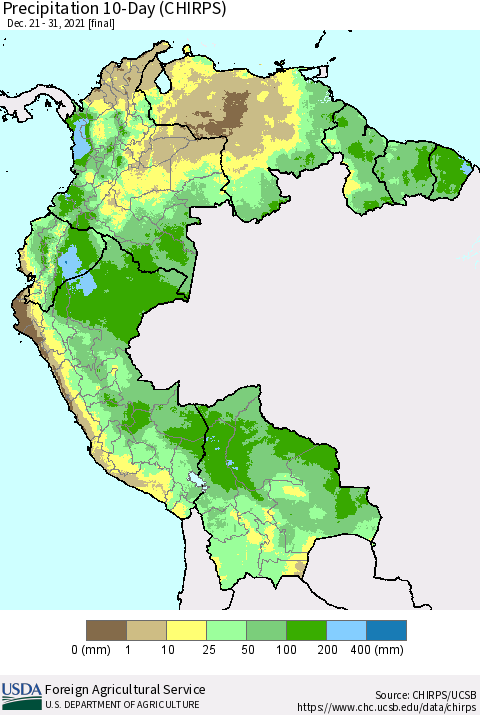 Northern South America Precipitation 10-Day (CHIRPS) Thematic Map For 12/21/2021 - 12/31/2021