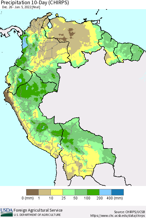 Northern South America Precipitation 10-Day (CHIRPS) Thematic Map For 12/26/2021 - 1/5/2022