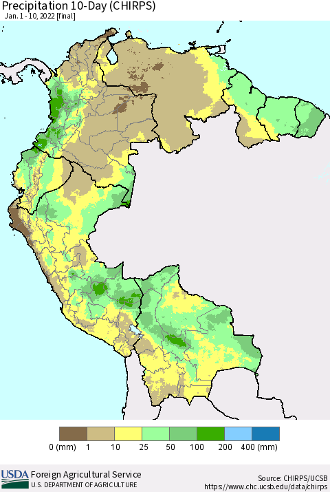 Northern South America Precipitation 10-Day (CHIRPS) Thematic Map For 1/1/2022 - 1/10/2022