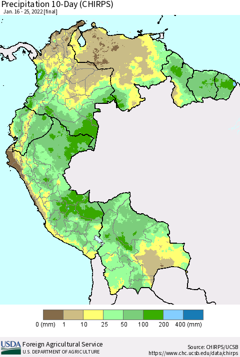 Northern South America Precipitation 10-Day (CHIRPS) Thematic Map For 1/16/2022 - 1/25/2022