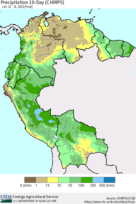 Northern South America Precipitation 10-Day (CHIRPS) Thematic Map For 1/21/2022 - 1/31/2022