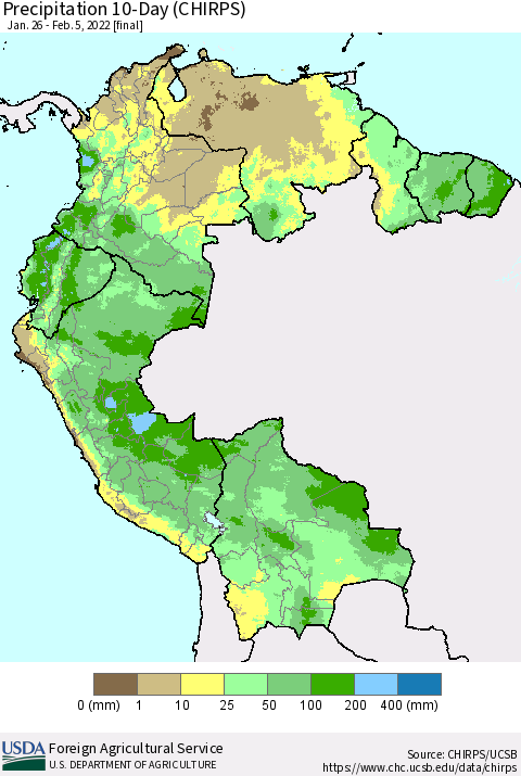 Northern South America Precipitation 10-Day (CHIRPS) Thematic Map For 1/26/2022 - 2/5/2022