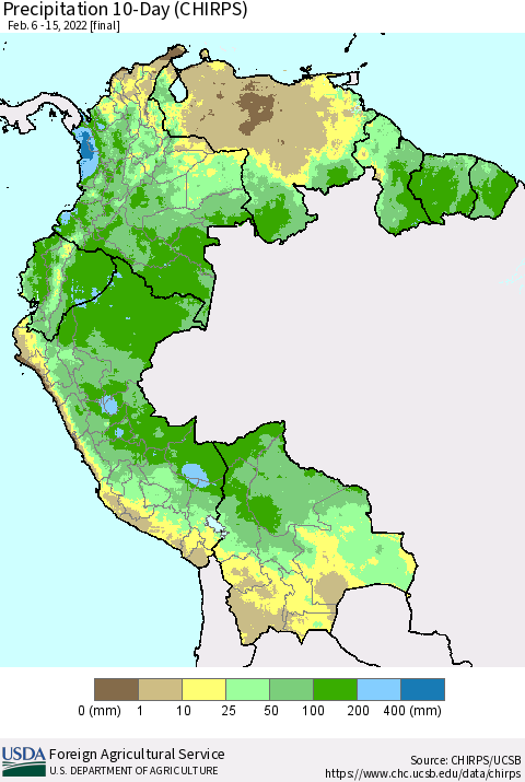 Northern South America Precipitation 10-Day (CHIRPS) Thematic Map For 2/6/2022 - 2/15/2022