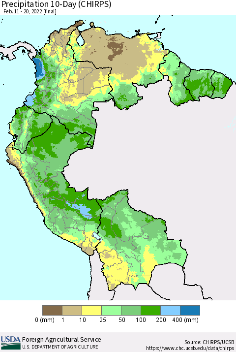 Northern South America Precipitation 10-Day (CHIRPS) Thematic Map For 2/11/2022 - 2/20/2022
