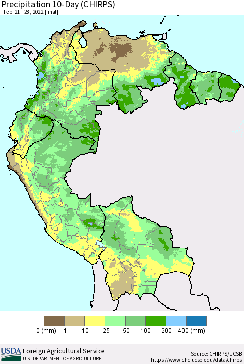 Northern South America Precipitation 10-Day (CHIRPS) Thematic Map For 2/21/2022 - 2/28/2022