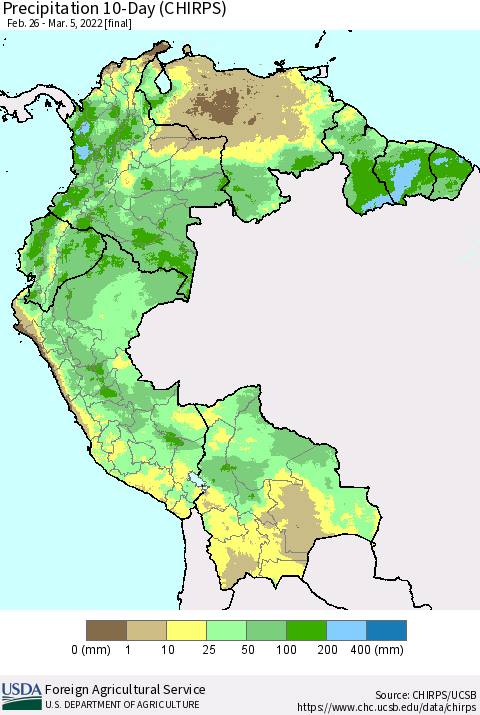 Northern South America Precipitation 10-Day (CHIRPS) Thematic Map For 2/26/2022 - 3/5/2022