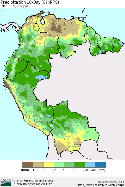 Northern South America Precipitation 10-Day (CHIRPS) Thematic Map For 3/11/2022 - 3/20/2022