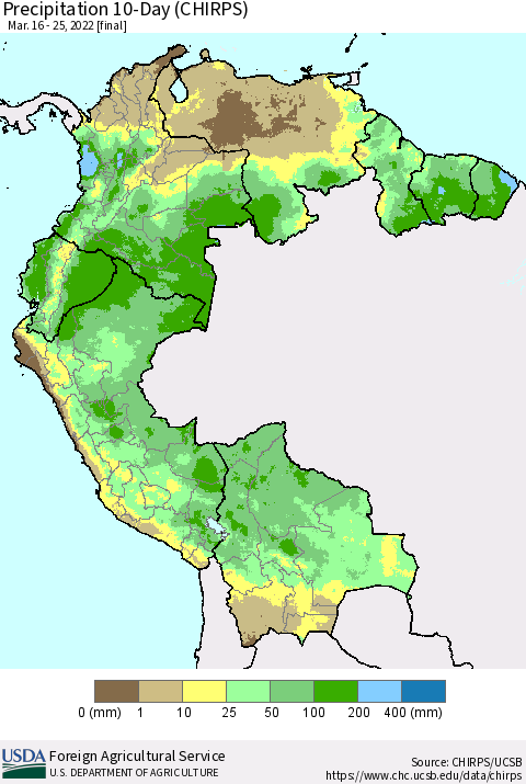 Northern South America Precipitation 10-Day (CHIRPS) Thematic Map For 3/16/2022 - 3/25/2022