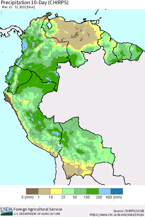 Northern South America Precipitation 10-Day (CHIRPS) Thematic Map For 3/21/2022 - 3/31/2022