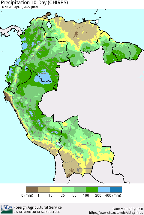 Northern South America Precipitation 10-Day (CHIRPS) Thematic Map For 3/26/2022 - 4/5/2022