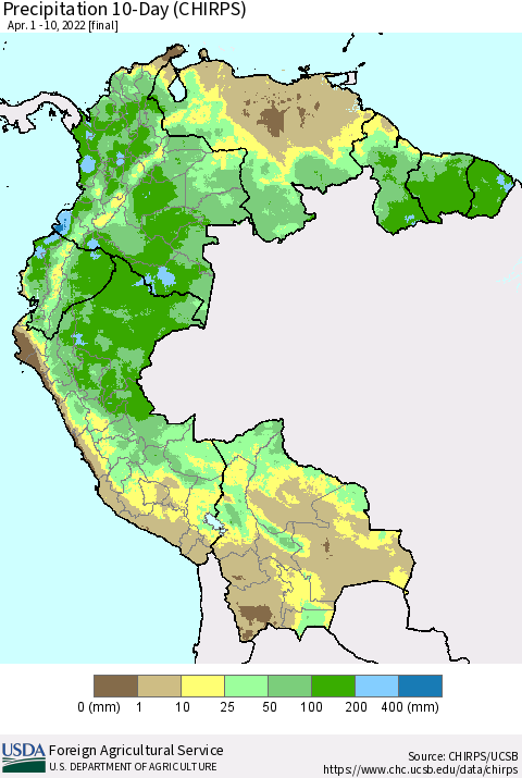 Northern South America Precipitation 10-Day (CHIRPS) Thematic Map For 4/1/2022 - 4/10/2022