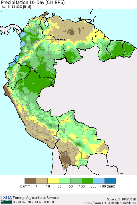 Northern South America Precipitation 10-Day (CHIRPS) Thematic Map For 4/6/2022 - 4/15/2022