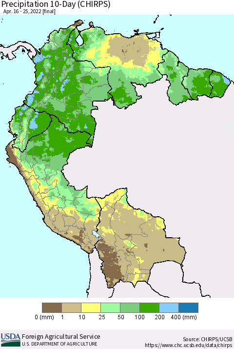 Northern South America Precipitation 10-Day (CHIRPS) Thematic Map For 4/16/2022 - 4/25/2022
